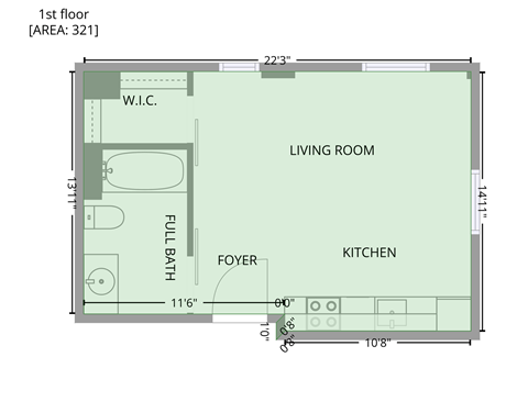 Floor plan for studio, 1 bath, 321 sqft