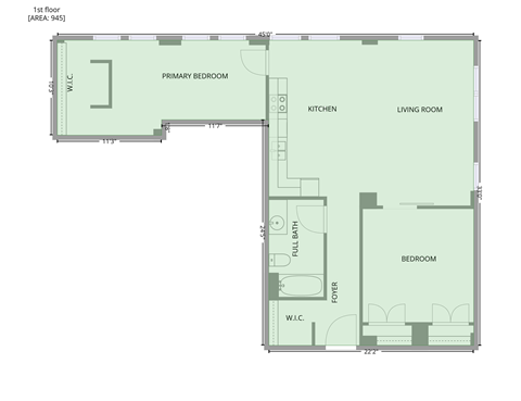 Floor plan for 2 beds, 1 bath, 769 sqft