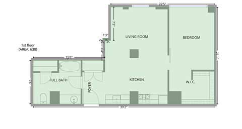 Floor plan for 1 bed, 1 bath, 716 sqft