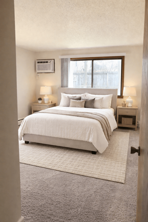 Eden Prairie apartment for rent - A bedroom with a large bed and two lamps on either side of the bed.