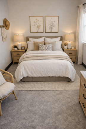 Crosby apartment for rent - A bedroom with a large bed, a chair, and two nightstands.