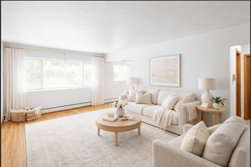Richfield apartment for rent - A living room with a white couch, a coffee table, and a painting on the wall.
