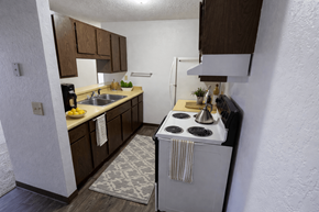 New Ulm apartment for rent - A small kitchen with a white stove top oven.