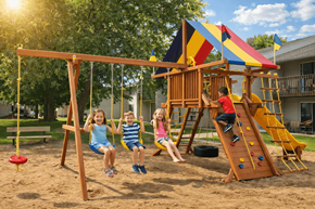 New Ulm apartment for rent - Three children playing on a swing set in a sandy area.