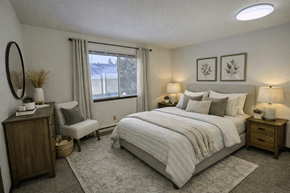 New Ulm apartment for rent - A bedroom with a large bed, a chair, and a nightstand.