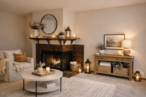 Eden Prairie apartment for rent - A cozy living room with a fireplace and a coffee table.