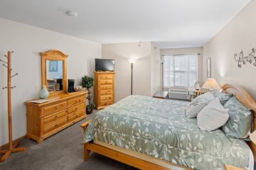 Chaska apartment for rent - A bedroom with a bed, dresser, and mirror.