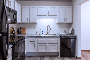 Chaska apartment for rent - A kitchen with white cabinets and a black refrigerator.