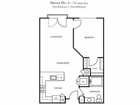 Floor plan for 1 bed, 1 bath, 672 sqft