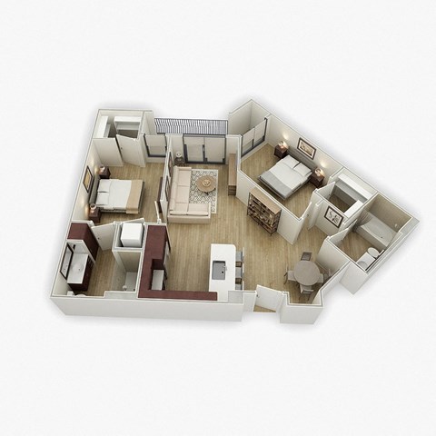 Floor plan for 2 beds, 2 baths, 982 sqft