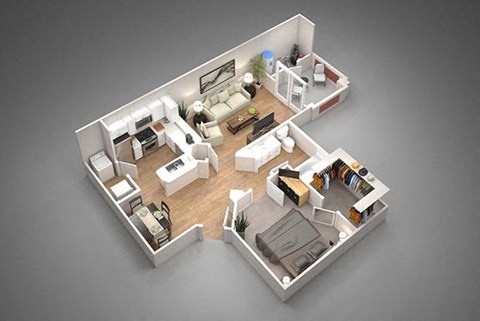 Floor plan for 1 bed, 1 bath, 728 sqft