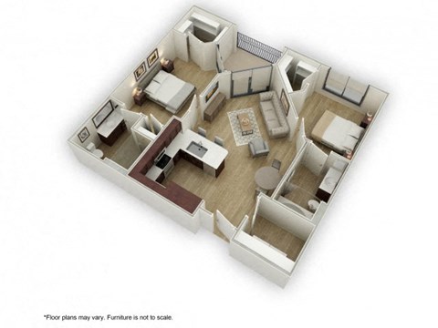 Floor plan for 2 beds, 2 baths, 884 sqft