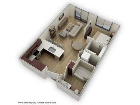Floor plan for studio, 1 bath, 599 sqft