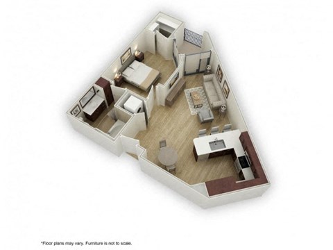 Floor plan for 1 bed, 1 bath, 674 sqft
