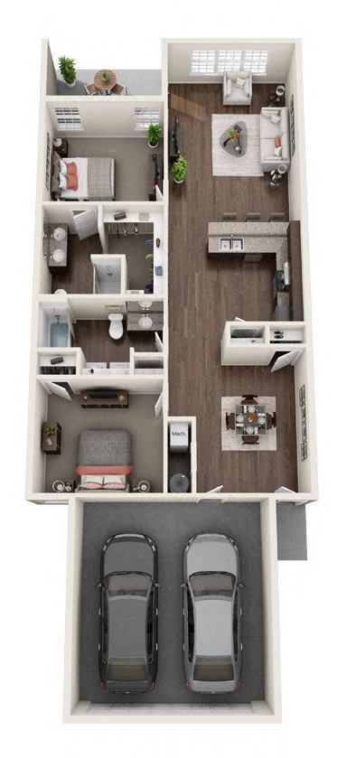 Floor plan for 2 beds, 2 baths, 1317 sqft