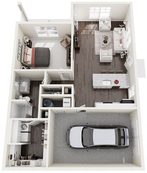 Floor plan for 1 bed, 1 bath, 896 sqft