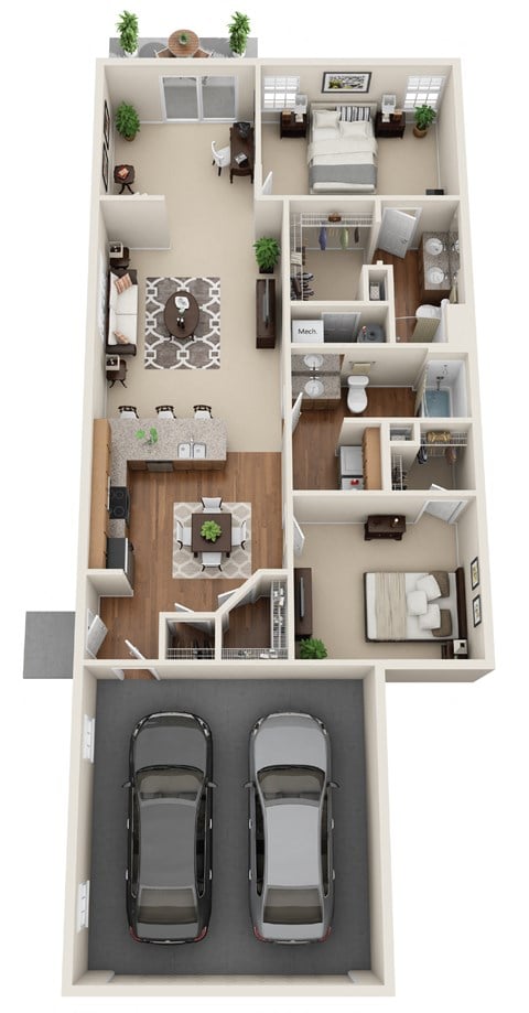 Floor plan for 2 beds, 2 baths, 1327 sqft