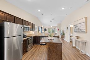 Blacklick apartment for rent - A modern kitchen with a wooden island and stainless steel appliances.