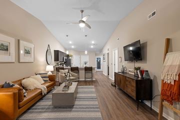 Dewitt apartment for rent - A living room with a brown couch and a grey coffee table.