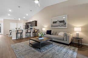 Holland apartment for rent - A living room with a grey couch, a coffee table, and a painting on the wall.