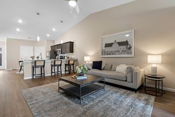 Holland apartment for rent - A living room with a grey couch, a coffee table, and a painting on the wall.