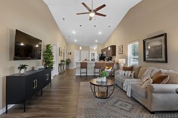 Lake Wylie apartment for rent - A living room with a grey couch and a black cabinet.