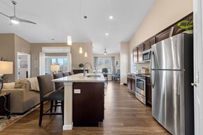 Simpsonville apartment for rent - A modern kitchen with a dining area and a living room.