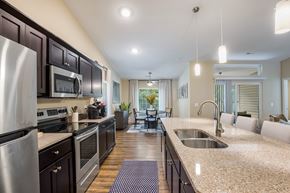 Simpsonville apartment for rent - A kitchen with a stainless steel refrigerator and a sink.
