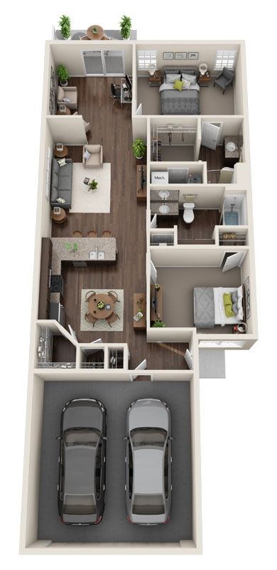 Floor plan for 2 beds, 2 baths, 1294 sqft