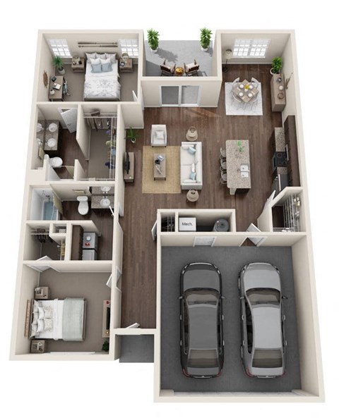 Floor plan for 2 beds, 2 baths, 1381 sqft