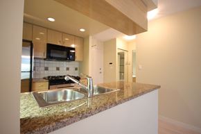 Vancouver apartment for rent - a kitchen with granite countertops and a stainless steel sink