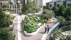 Vancouver condo for rent - a rendering of a park with trees and buildings