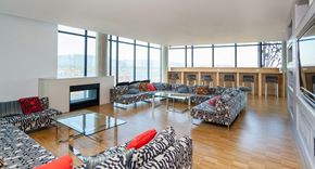 Vancouver condo for rent - A living room with a fireplace and a zebra print couch.