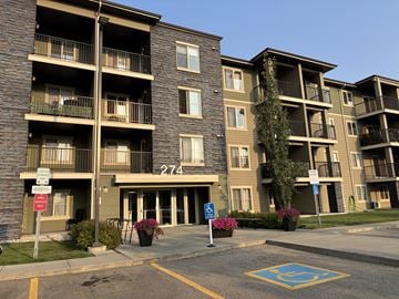 Edmonton condo for rent - Apartment building 274 with a parking space in front.