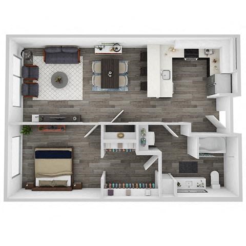 Floor plan for 1 bed, 1 bath, 760 sqft