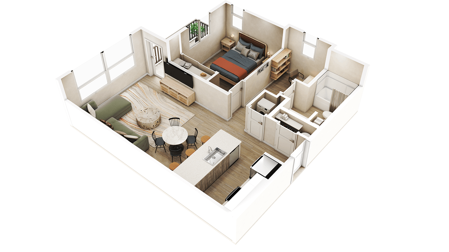 Floor plan for 1 bed, 1 bath, 769 sqft