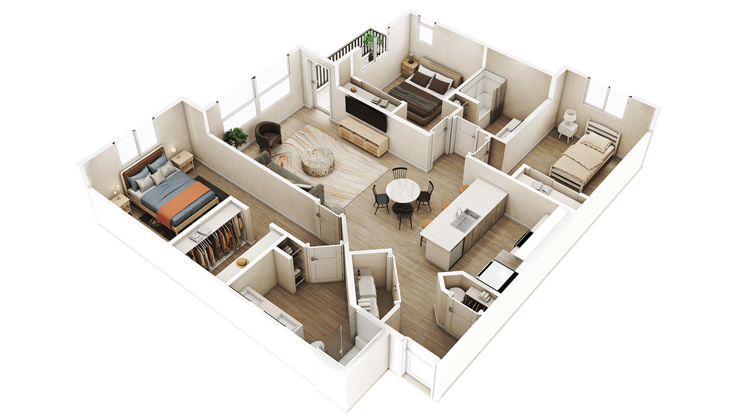 Floor plan for 3 beds, 2 baths, 1370 sqft