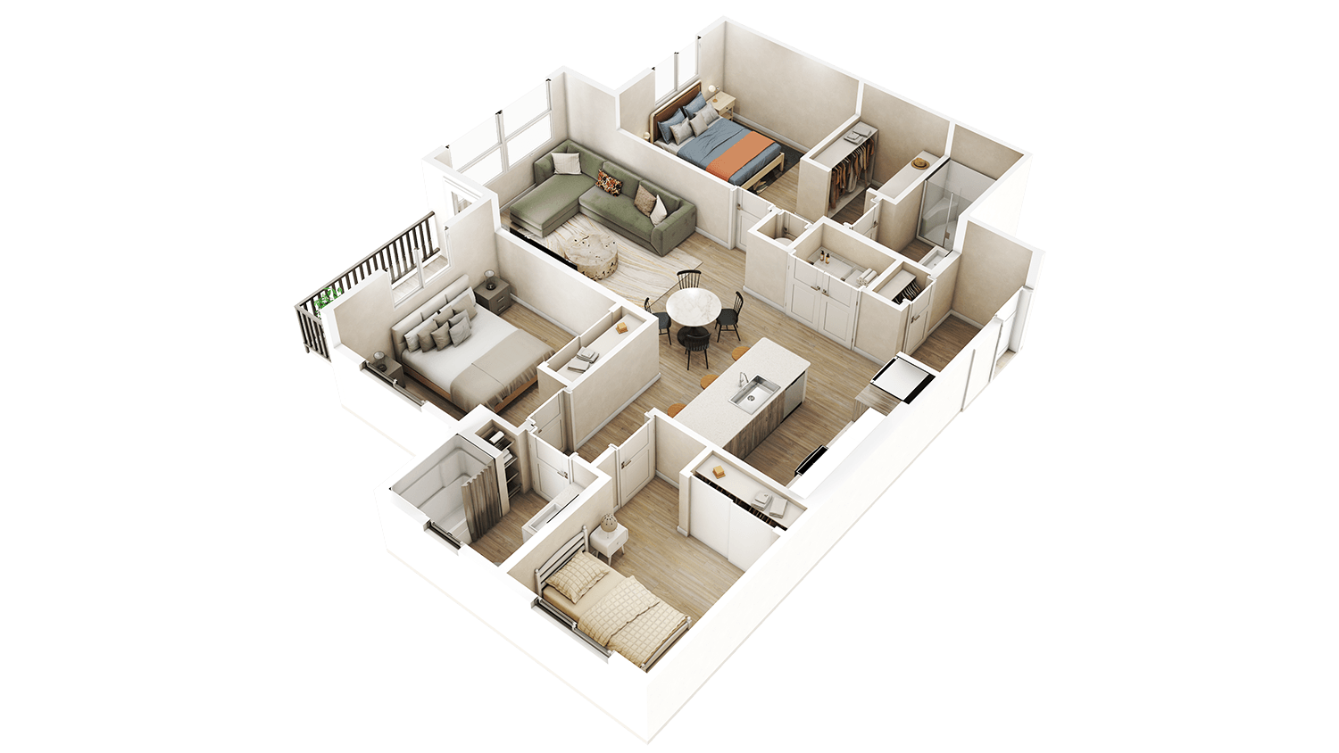 Floor plan for 3 beds, 2 baths, 1223 sqft