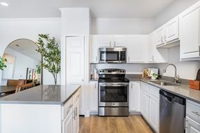 Greenwood Village apartment for rent - A modern kitchen with a stainless steel oven and white cabinets. at The Viridian Apartments, Greenwood Village, Colorado