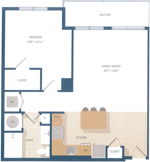 Floor plan for 1 bed, 1 bath, 886 sqft