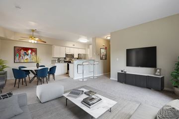 San Ramon apartment for rent - A modern living room with a grey carpet and a white sofa.