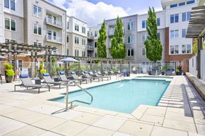 Medford apartment for rent - A pool surrounded by chairs and trees in a courtyard.