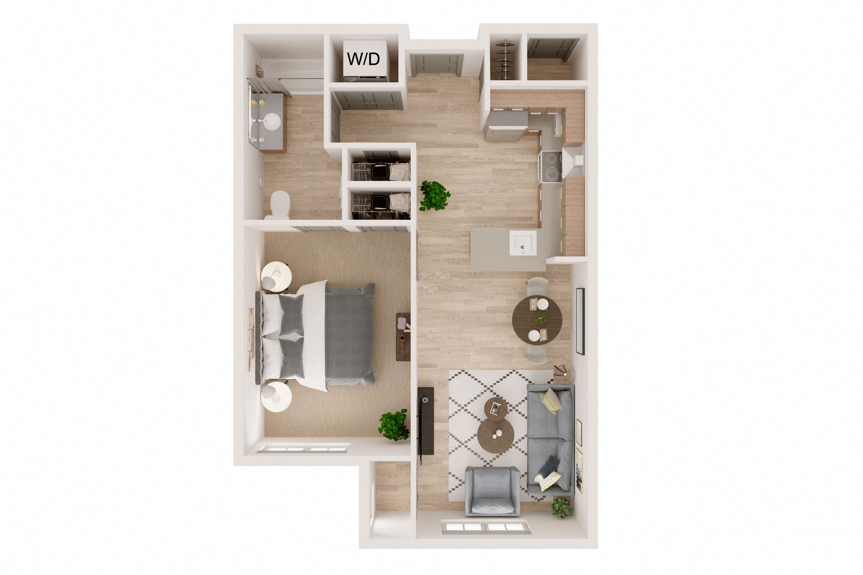 Floor plan for 1 bed, 1 bath, 661 sqft