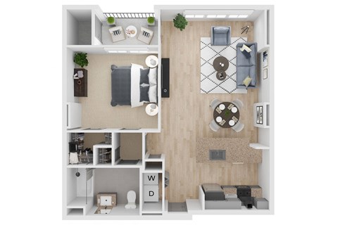 Floor plan for 1 bed, 1 bath, 744 sqft