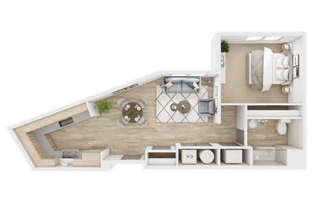 Floor plan for 1 bed, 1 bath, 679 sqft