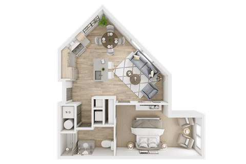 Floor plan for 1 bed, 1 bath, 689 sqft
