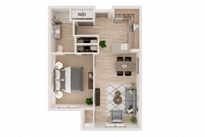 Floor plan for 1 bed, 1 bath, 722 sqft
