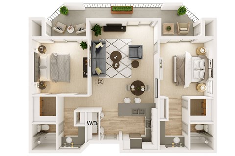 Floor plan for 2 beds, 2 baths, 1050 sqft