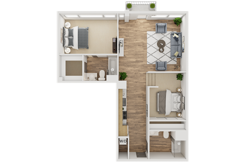 Floor plan for 1 bed, 2 baths, 1016 sqft