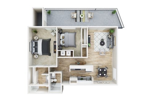 Floor plan for 2 beds, 2 baths, 930 sqft